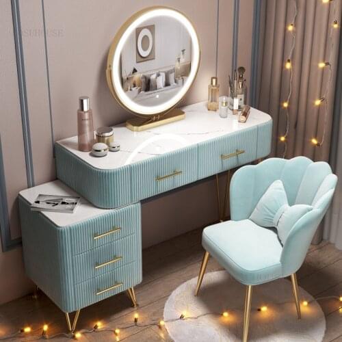 Nordic Solid Wood Dressers Bedroom Furniture Free Retractable Cabinets Dresser Light Luxury Velvet Tempered Glass Dressing Table