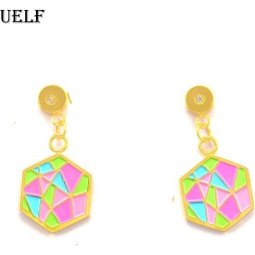Uelf Trendy Vintage Colorful Enamel Hexagon Drop Earrings Metal Simple Ethnic Charm Jewelry Women Holiday Brincos Oorbellen