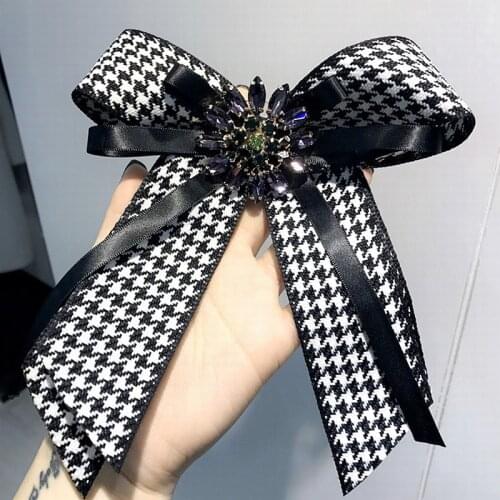 Korean Vintage College Houndstooth Swallow Gird Big Bow Tie Brooches for Women Fashion Shirt Corsage Jewelry Accessories