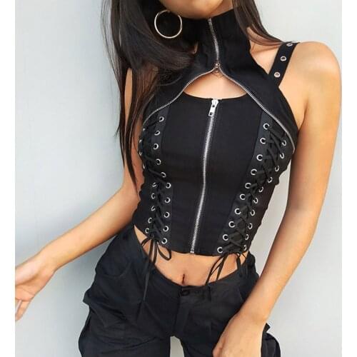 2021 Womens Black Gothic Halter With Straps Gothic Sleeveless Zipper Tank Slim Punk Women Clubwear Tops Summer Tube Sexy Vest