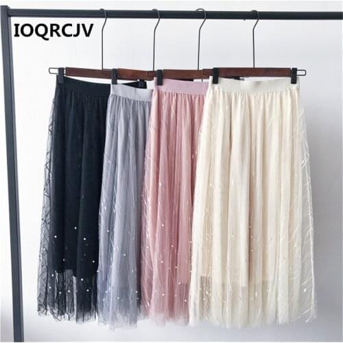 2019 New Summer Skirts Womens Elastic High Waist Tulle Mesh Midi Skirt Beading Pleated Vintage A Line Skirts Jupe Longue R169