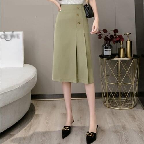 Midi A Line Skirt Women Work Wear Elegant Office Ladies Skirts High Street 2020 Summer Ol Korean Buttons