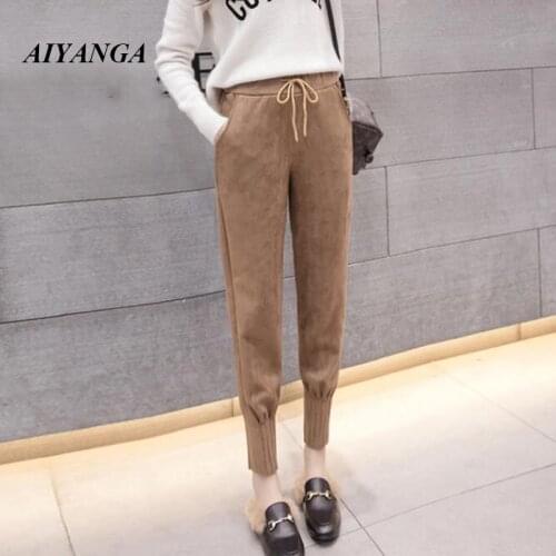 2019 Spring Streetwear Women Pants Elastic High Waist Faux Suede Harem Pant Casual Ankle Length Trousers Womens pantalones mujer