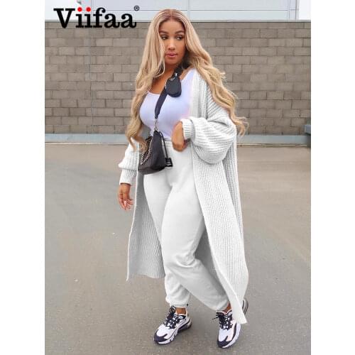 Viifaa White Bishop Sleeve Knitted Long Sweater Coat Maxi Cardigan Women Autumn Winter Casual Ladies Cardigans