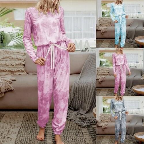 Women Elegant Home Tie Dye Print Jumpsuit Casual Long Sleeve Pants Lace Up Rompers