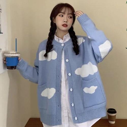 Womens Blue Cloud Sweater Coat Round Neck Autumn Winter Cardigans Jacket Student Long Sleeve Harajuku Cardigans Cute Oversized