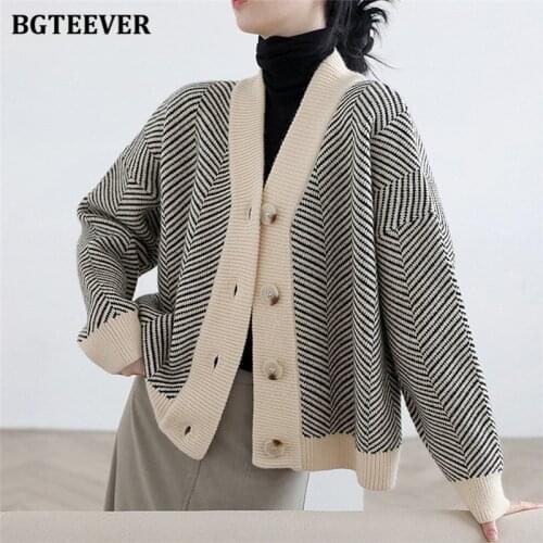 BGTEEVER Autumn Winter V-neck Ladies Striped Knitted Cardigans Tops Vintage Single-breasted Full Sleeve Women Sweaters 2021
