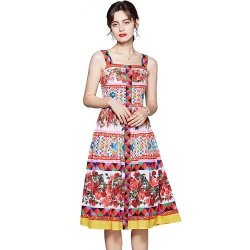 High Quality Fashion Runway Printing Dress Womens Sleeveless Square Neck Sexy Halter Holiday Dress