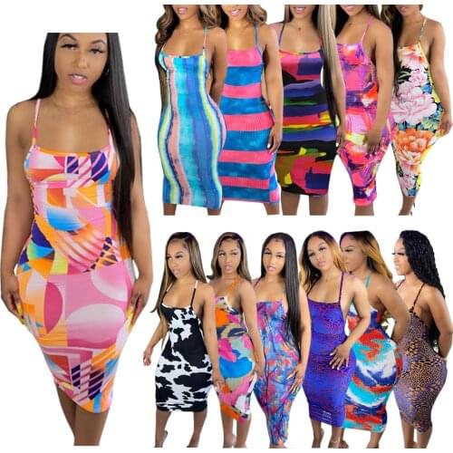 Chiclover Plus Size Clothes Woman Dress Wholesale Items Print Sexy Suspender Dress Cross Backless Bodycon Dresses Dropshipping