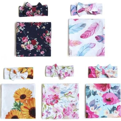 2Pcs Newborn Baby Receiving Blanket Headband Set Floral Swaddle Wrap Sleeping Bag Infant Hair Accessories