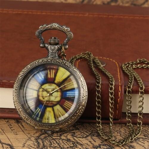 Steampunk Retro Transparent Glass Display Quartz Necklace Pocket Watch Bronze Sweater Chain Pendant Clock Vintage Gift Men Women