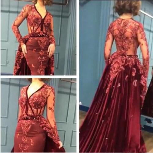 Elegant Evening Dress Appliques V Neck robe de soiree longue Transparent 2019 Evening Gowns Burgundy Formal Dress abiye