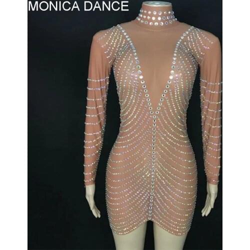 Sexy Stage AB Color Rhinestones Stretch Dress Rhinestones Evening Birthday Party Dance Stones Outfit Stage Performance Costume