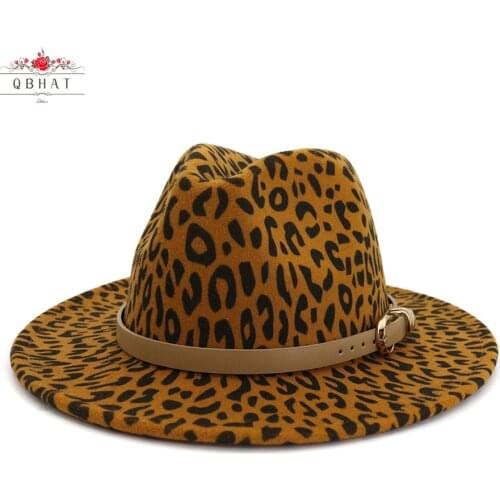 QBHAT 2020 Men Women Wide Brim wool felt Leopard print Fedora Hats With Belt buckle Vintage panama Trilby Cap hat