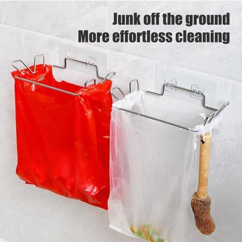 Stainless Steel Kitchen Trash Rack Magic Seamless Sticker Multifunctional Storage Racks Cabinet Door Towel Garbage Bags Holder