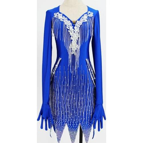 Latin Dance Competition Dresses Royal Blue Backless Fringe Prom Dress Long Sleeve Gloves Women Girls Samba Stage Costume BL5395