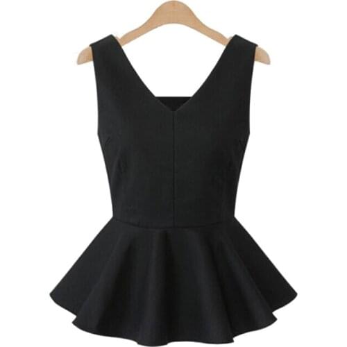 Customized New Fashion Womens Plain Stretchy Sleeveless V Collar Vest T-shirt Woman Casual Peplum Ruffles Top (3XS-8XL)