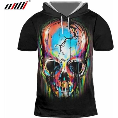 UJWI 2019 Summer Tops Mens Cool Print Colorful Skull 3d Hooded Tshirt Cap T-shirts Male Fit Slim Short Sleeve Hooded Hoody 7XL