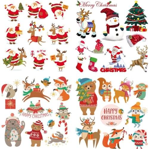 Merry Christmas Patches Set DIY Santa Cruz Iron on Transfers for Clothing Cartoon Cute Animals Deer Owl Stripe Thermo Stickers