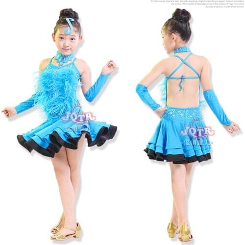 New 2017 Children Kids Sequin Feather Fringe Stage Performance Competition Ballroom Dance Costume Latin Dance Dress For Girls