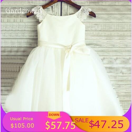 New Ivory Lace Flower Girl Dresses Puffy Bow Sash Tulle First Communion Dresses O-Neck Cap Sleeves Girl Wedding Party Dresses