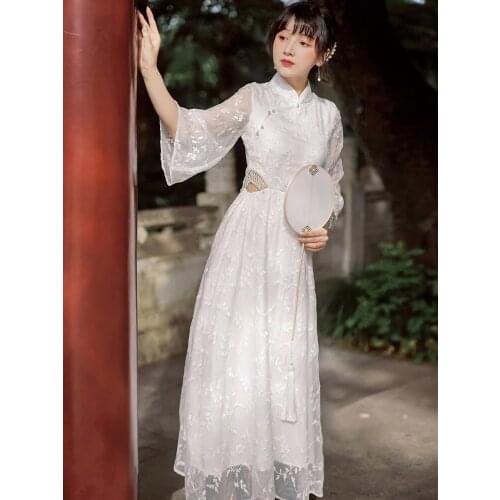 Make spot Bai Ling LanLou waist pearl chain embroidery improved qipao dress pricing