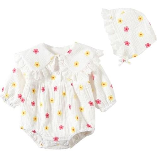New Arrival Sweet Baby Girls Flower Pattern Romper With Hat