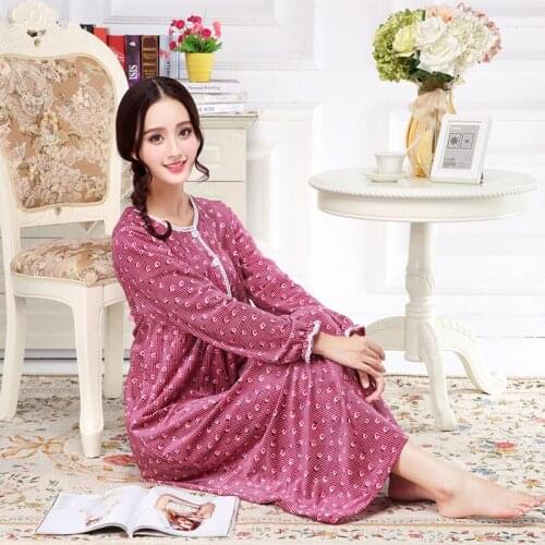 Autumn Winter Style Ladies Long Sleeves Bathrobe Single Side Coral Fleece Long Style Big Size Sleepwear Open Button Nightdress