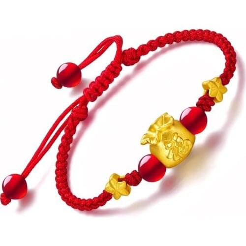 Solid 24K Yellow Gold Bracelet Wealth Bag with 2 Star Red Lucky Bracelet