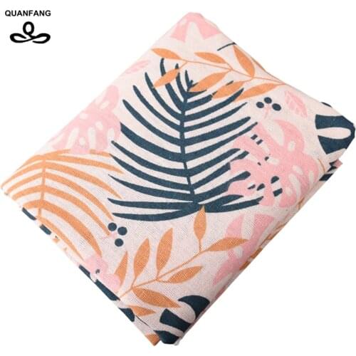 QUANFANG pink leaves Printed Cotton Linen Fabric For DIY Quilting Sewing sofa,Table Clothes,Curtain Cushion Hold Pillow 50x150cm
