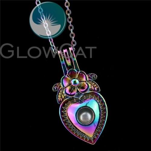 R-C879 Rainbow Colors Flower Heart Beads Cage Pendant Perfume Diffuser Oyster Pearl Cage Locket Necklace