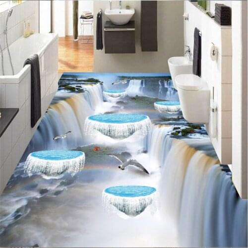 Bathroom decoration 3D wallpaper floor waterfall Island flying birds photo mural non-slip waterproof 3d wallpaper Beibehang