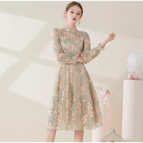 Runway Lace Luxury Embroidered Mesh Dress 2021 Summer Women Long Sleeve Flower Temperament Ruffles Office Party Midi Dress