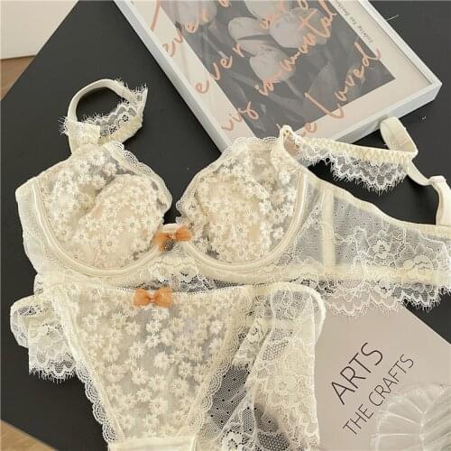 Daisy Sweet Girl Three-dimensional Embroidery Lingerie Panty Thin Mesh Lace Underwire Gathering Sexy Bra Set