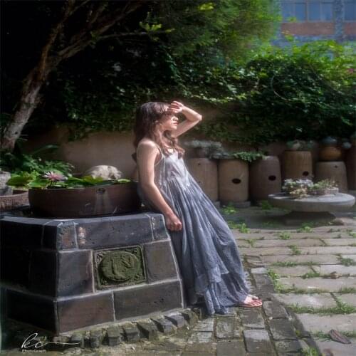 Womens Dress Gray Irregular Summer Double-layer Big Hem Tie-dye Dress Beach Skirt