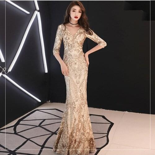 Fashion Gold Three Quarter-Sleeve Deep V-neck Sequin Lace up Floor-Length Long Dress Elegant Night Evening Party Formal Dresses