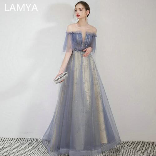 Robe De Soiree Sparkle Evening Dresses Long LAMYA A-Line Boat Neck Short Tulle Sleeve Formal Dresses Women Elegant Gowns