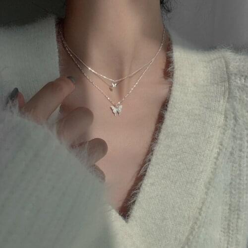 2021 New Trendy Double Layer Rhinestone Butterfly Chain Choker Necklace For Women Silver Color Simple Chain Necklaces Jewelry
