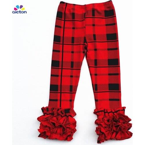 AICTON new style cotton kids red plaid elastic waist full ruffle pants Girl Fall & Winter Pants 100% Cotton