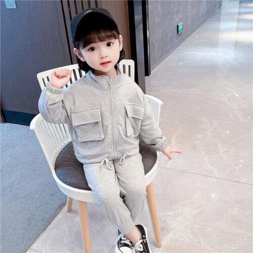 Childrens Sports Suit 2021 Autumn New Girls' Grey Zipper Coat + Casual Pants Toddler Boy Clothes Girls Outfits