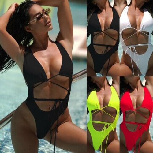 Women One-Piece Suits Bandage Bikini Push Up Bra Sexy One Piece Swimsuit Bathing Swimwear Solid Stripe Bandage Hollow Out 2020