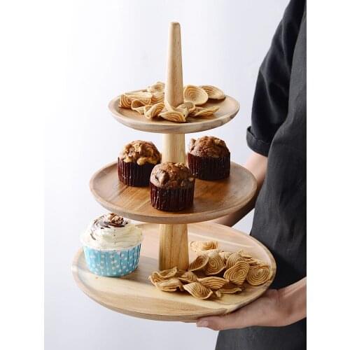 Japanese Acacia wood double three-layer snack tray cake rack home living room creative cake tray Afternoon tea Dim Sum plate