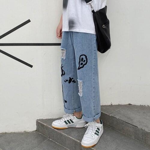 Male Hip Hop Vintage Denim Pants Bottoms Mens 2021 Printed Ripped Straight Jeans Man Summer Oversize Casual Jeans