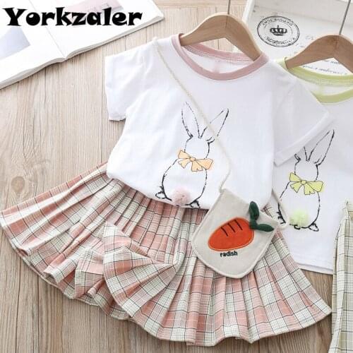 Girls Fashion Clothes Set with Bag Bunny Rabbit T Shirt and Skirts for Toddler Girl 3-7years Old Summer Outfits Children Clothes