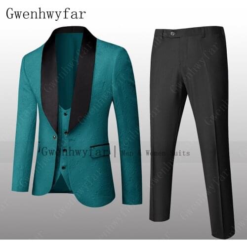 Gwenhwyfar Teal Men Suits With Black Pants New Style High Quality Shawl Lapel Tuxdos For Banquet Tailored Dress Suit For Wedding