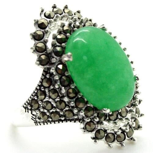 Nice gift 17*29mm VINTAGE GREEN Natural jade MARCASITE 925 STERLING SILVER RING SIZE 7/8/9/10