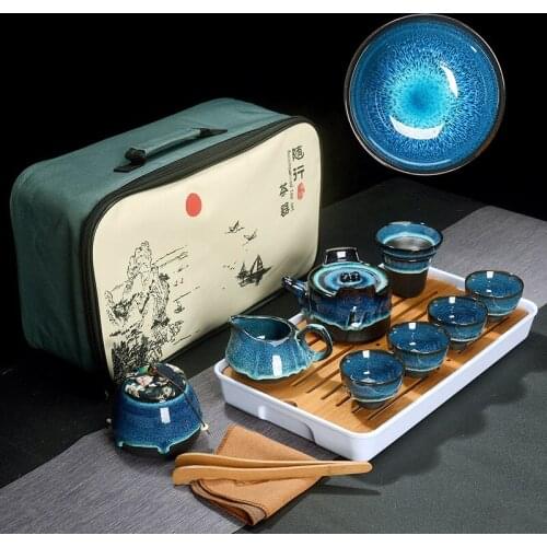 Chinese Tea Set Blue Amber Glaze Ceramic Jingdezhen Temmoku Glaze Exquisite Set Kung Fu Tea Cup Portable Teapot Gaiwan Tea Cups