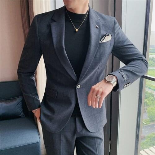2021 Classic Plaid Men Suit 2 Pieces Business Casual Slim Formal Suits Office Work Party Prom Wedding Suits Party Stage Clothing
