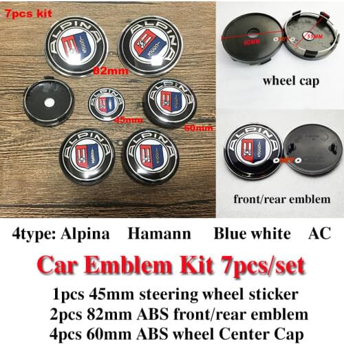 7Pcs Kit Alpina Front Hood Logo Rear Trunk Label Steer Wheel Badge Wheel Hub Cap Head Bonnet Cover Boot Emblem 82mm 60mm 45mm