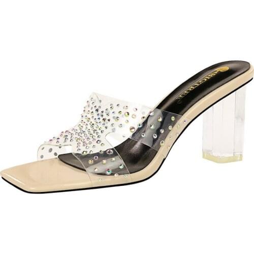 Fashionable everyday slippers for women with transparent heels square toe peep-toe shimmering rhinestone slippers